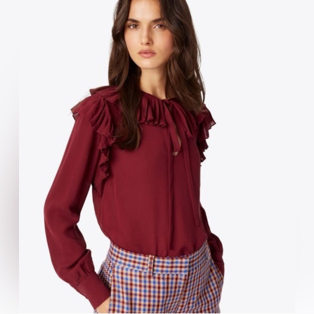 Tory Burch Diana Silk Blouse Ruffled Neck Lined Imperial Garnet Sz 10 - Picture 6 of 9